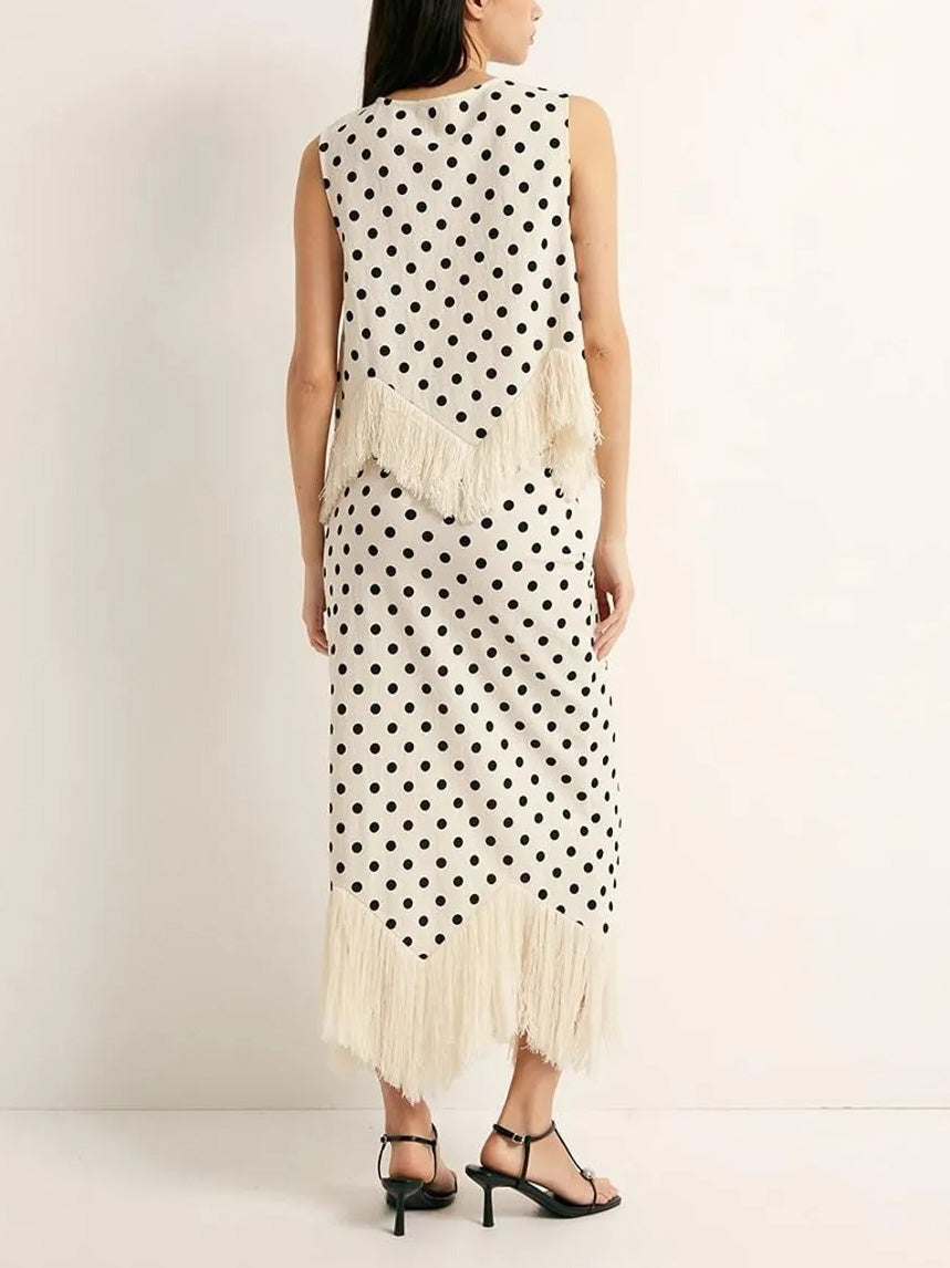 Elegant Polka Dot Fringed Asymmetrical Skirt Two-Piece Set