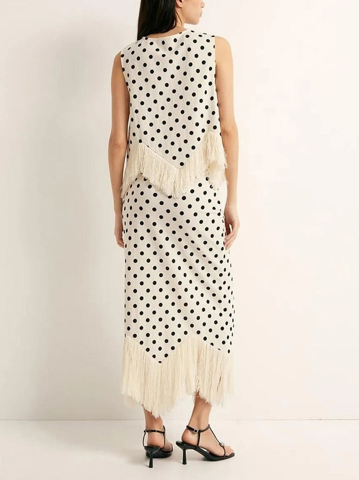 Elegant Polka Dot Fringed Asymmetrical Skirt Two-Piece Set