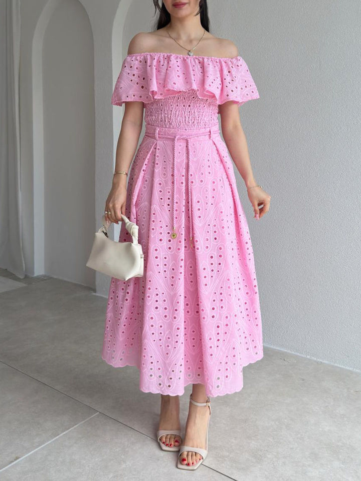 Exquisite Cutout Embroidered Off-Shoulder Ruffle Two-Piece Crop Set