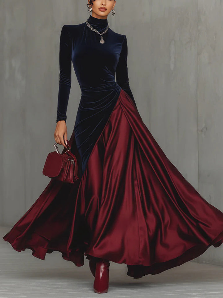 Elegant Velvet Satin Color-blocked Maxi Dress