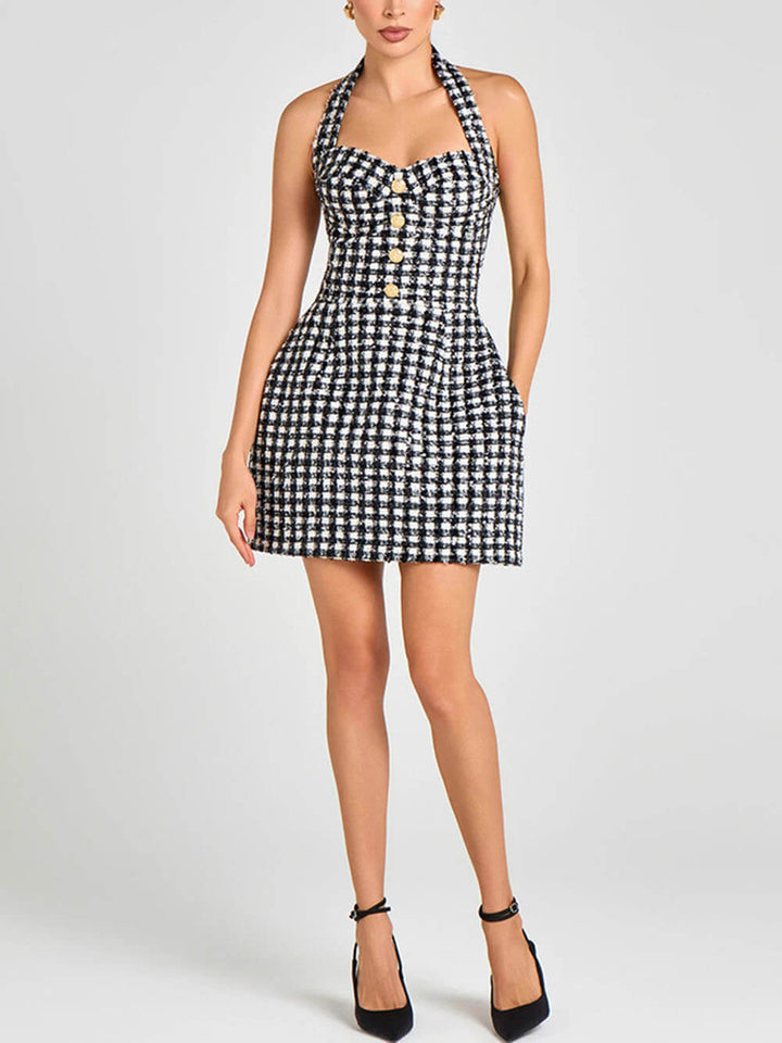 Retro Black and White Plaid Burlap Halter Neck Party Mini Dress