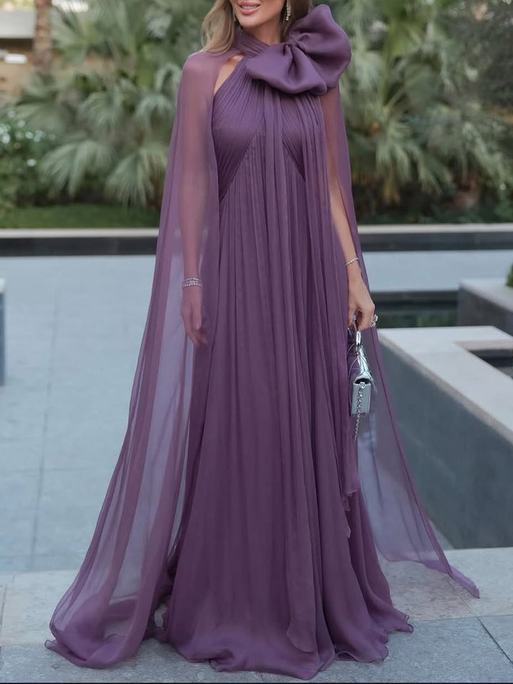 Elegant Sheer Chiffon Cape Bow Maxi Dress