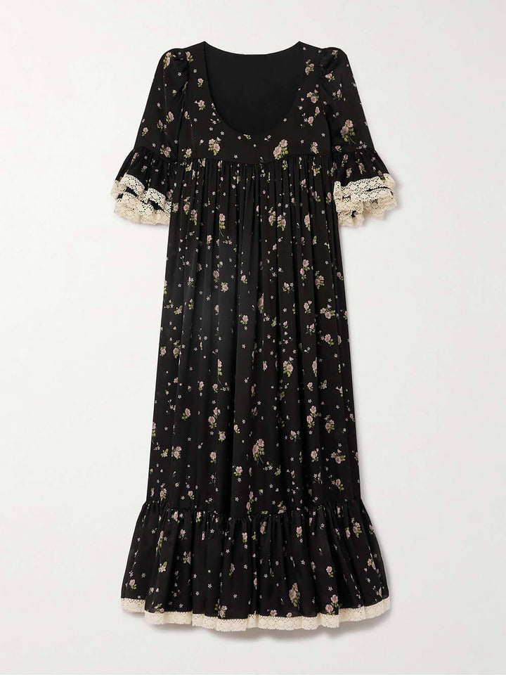 Retro Lace-Trimmed Ruffled Floral Print Midi Dress