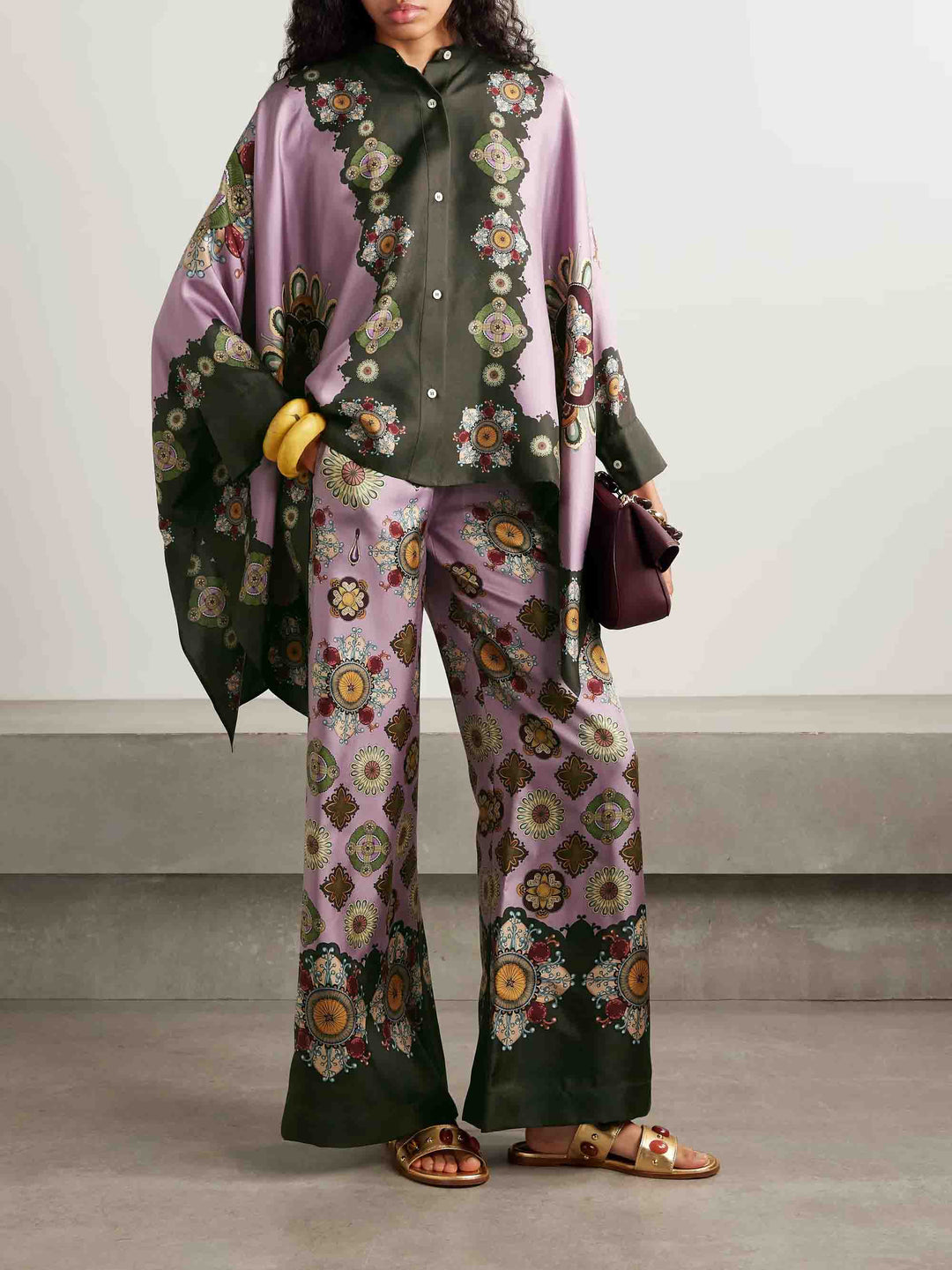 Retro Fine Satin Floral Print Wide-Leg Pants