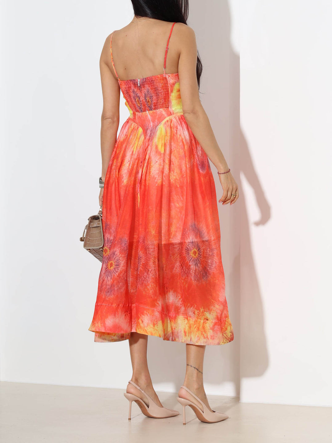 Elegant Flame Gradient Tie-dye Print Flowing Midi Dress
