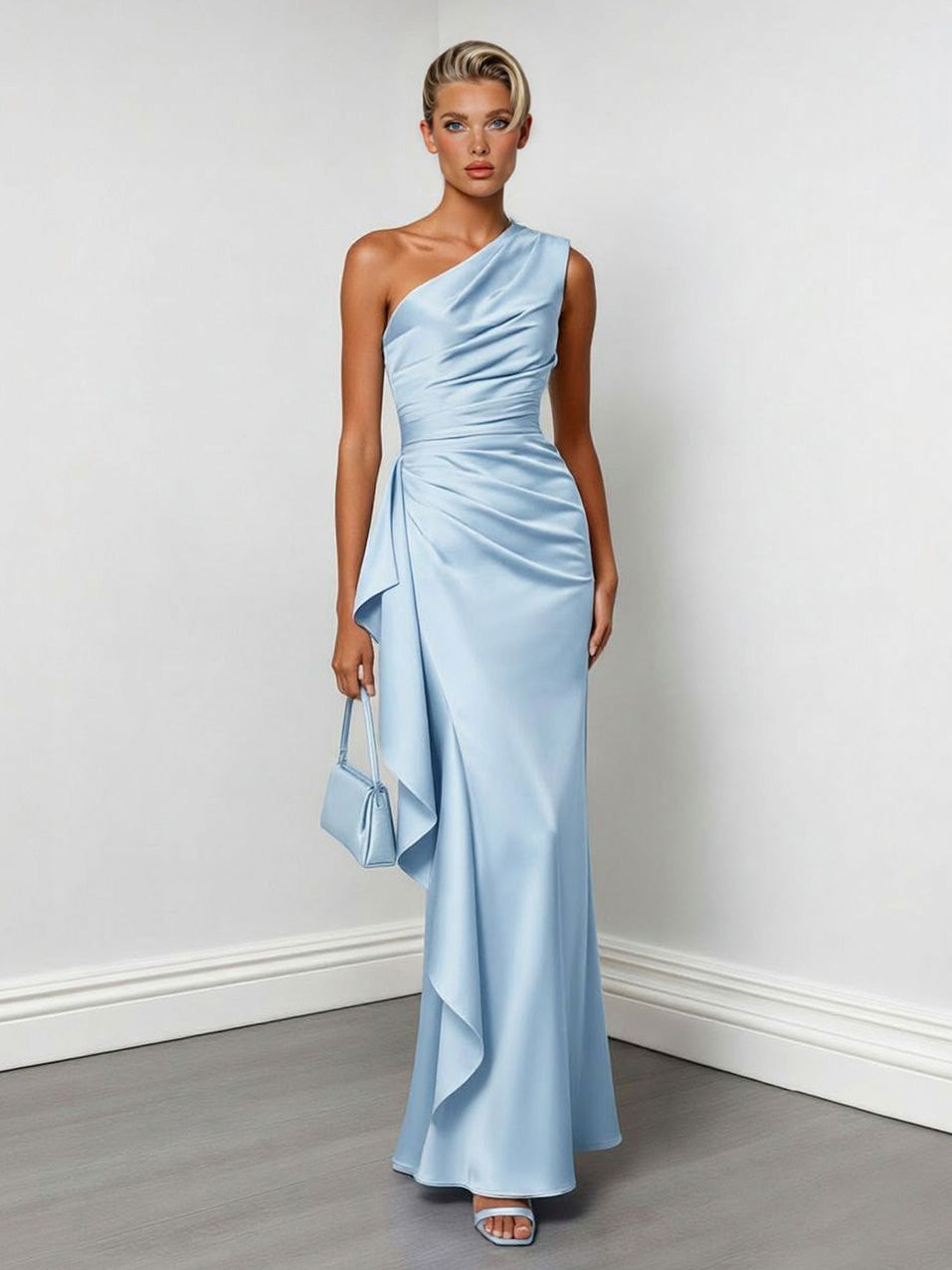 Elegant One-Shoulder Ruched Satin Maxi Dress