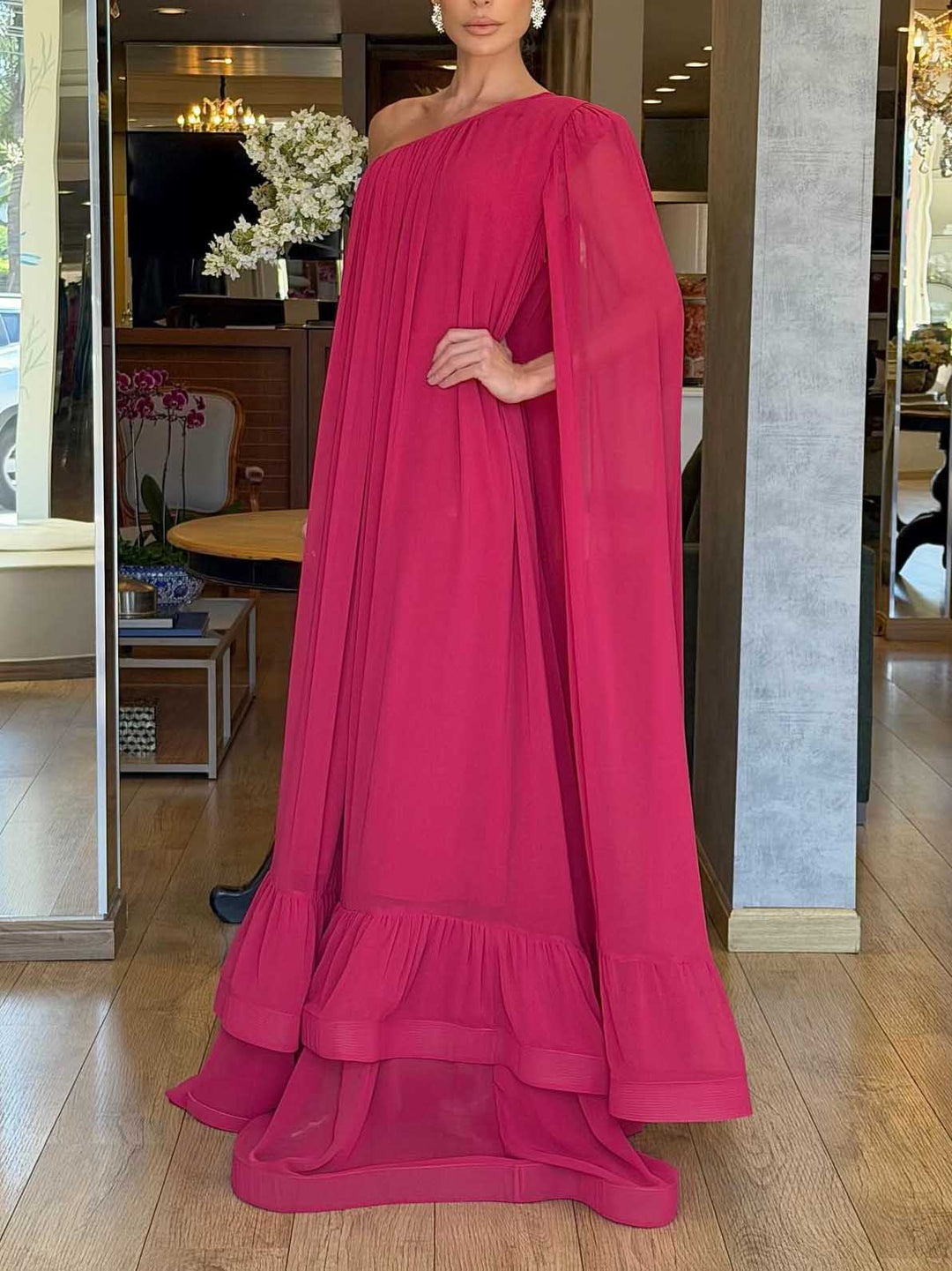 Elegant Flowy One-Shoulder Cape Sleeve Layered Maxi Dress
