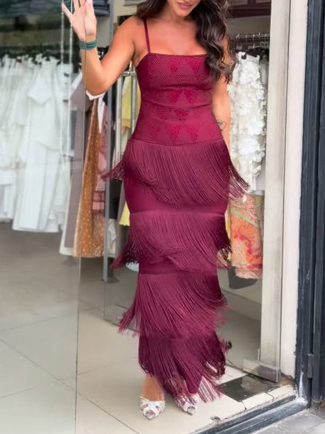 Elegant Layered Fringe Spaghetti Strap Maxi Dress