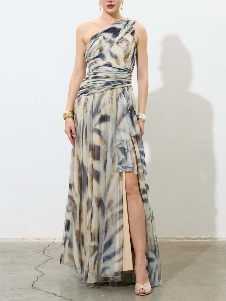 Elegant One-Shoulder Marble Print Chiffon Maxi Dress