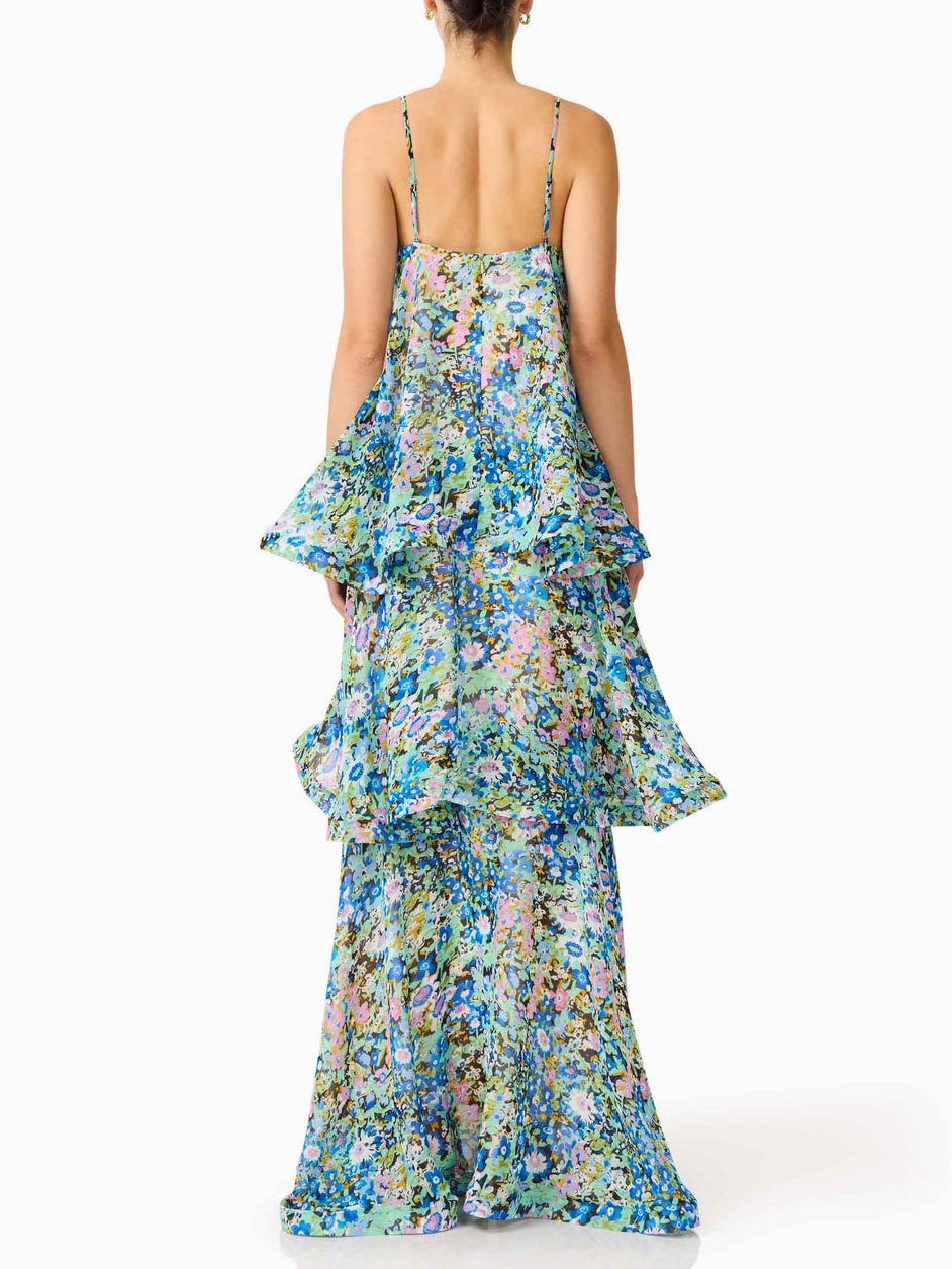 Elegant Vibrant Floral Print Tiered Ruffle Maxi Dress