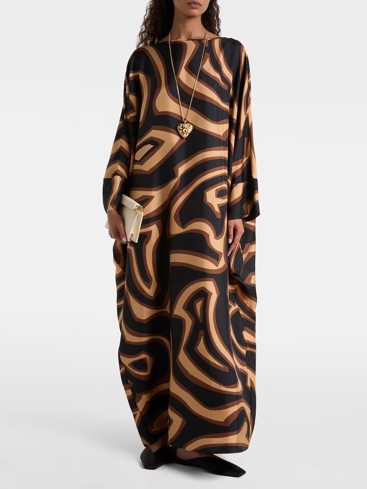 Retro Geometric Abstract Swirling Print Satin Robe Dress