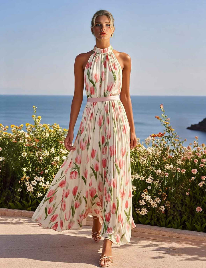 Elegant Tulip Chiffon Print Backless Maxi Dress