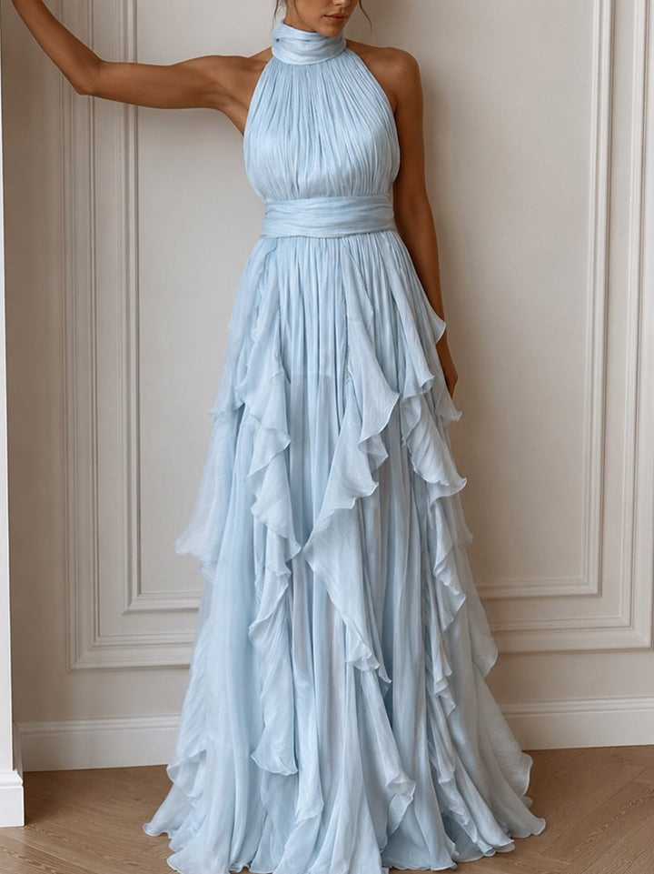 Elegant Backless Ruched Tiered Ruffle Maxi Dress