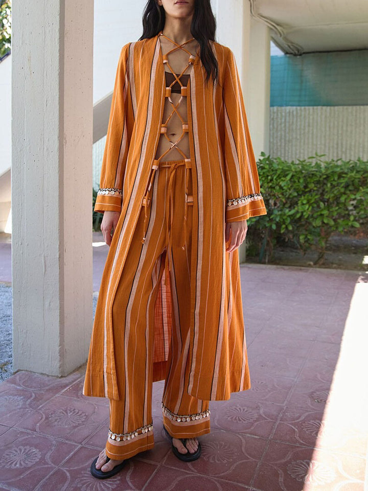 Casual Striped Lace-Up Top & Wide-Leg Pants Two-Piece Set