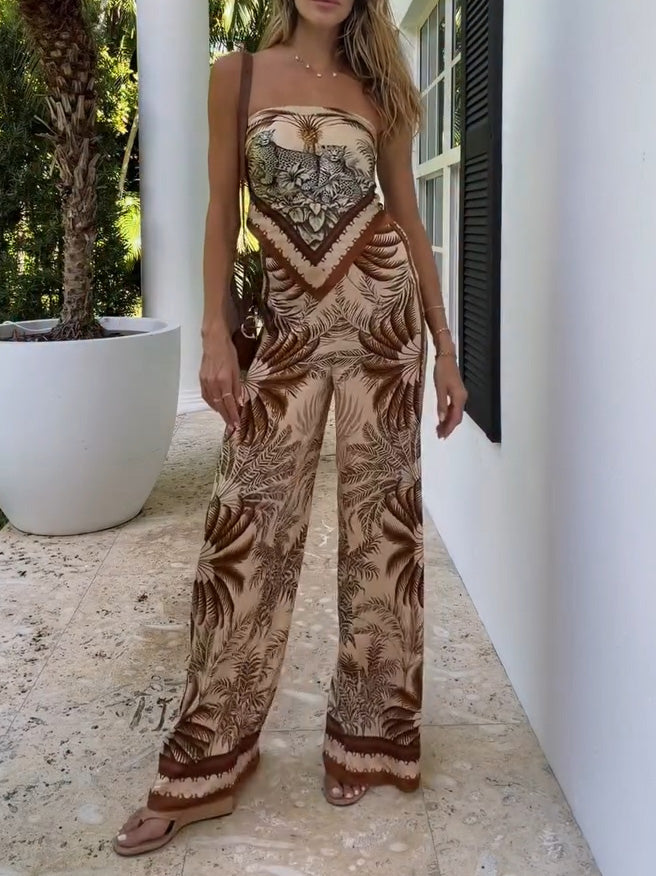 Retro Jungle Print Strapless Top & Wide-Leg Pants Two-Piece Set