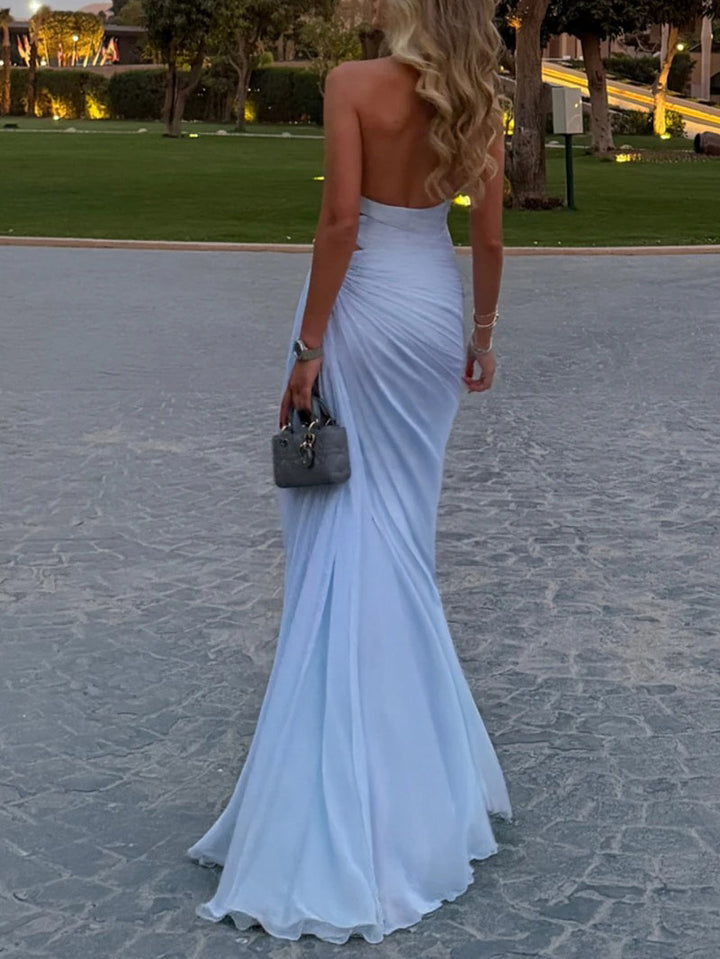 Halter Neck Ruched Chiffon Formal Maxi Dress