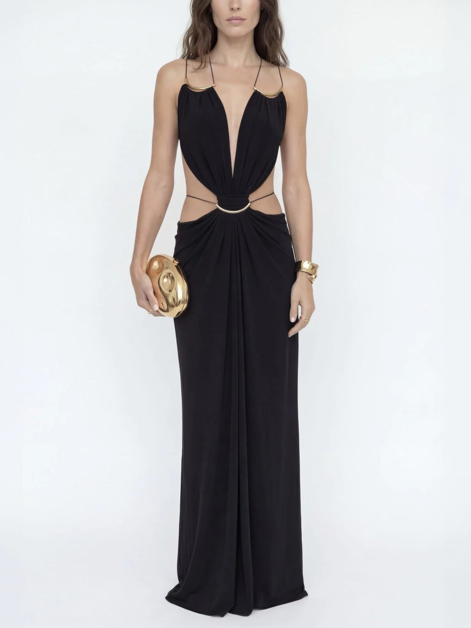 Sexy Metal Chain Cut-Out Backless Lace-Up Draped Maxi Dress