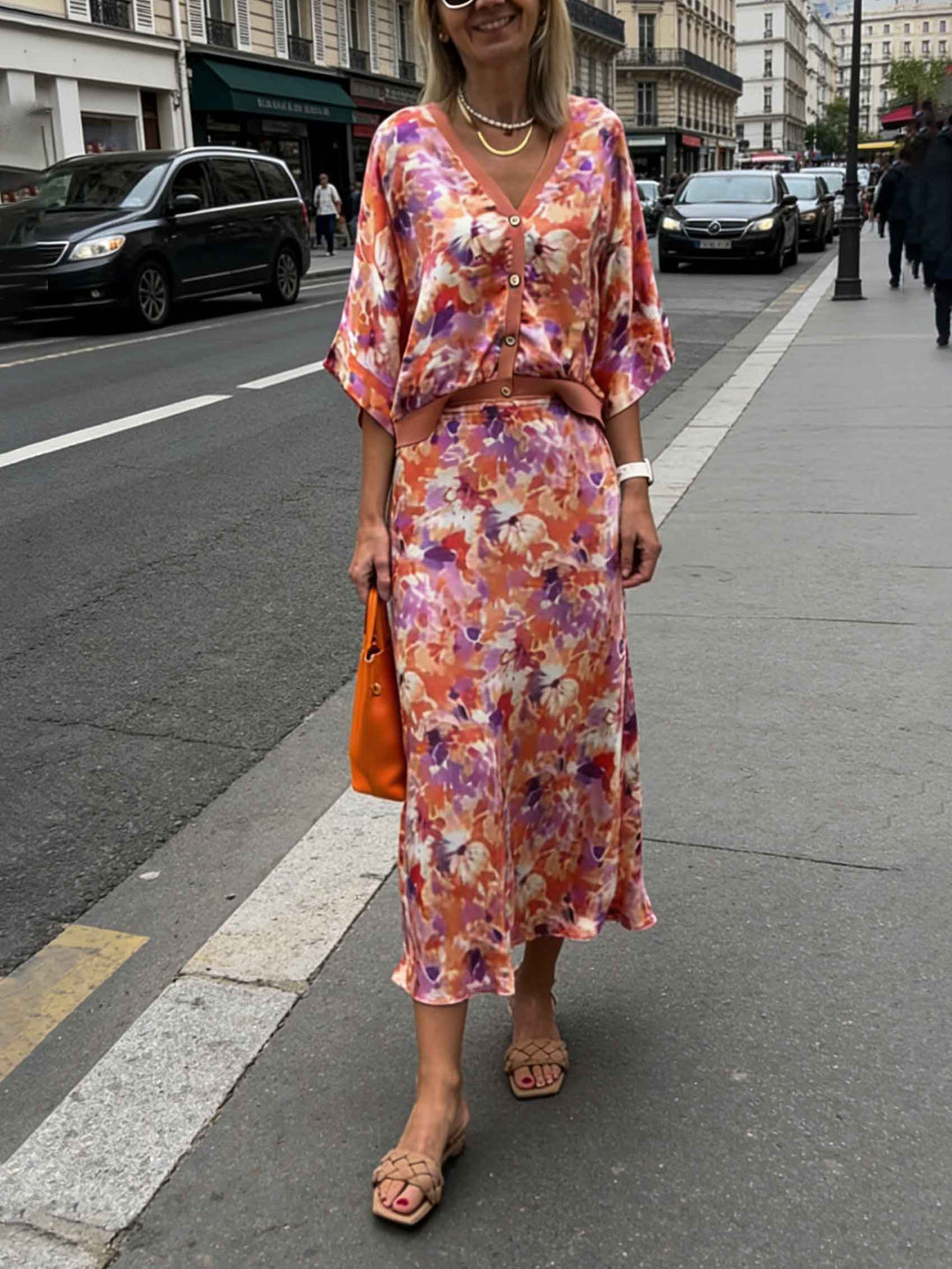 Exquisite Floral Print Satin Batwing Sleeve Shirt
