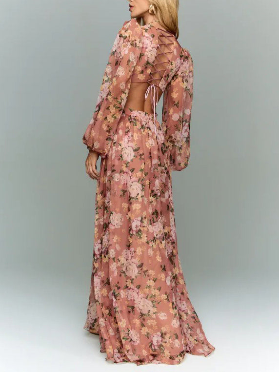 Elegant Floral Print Cutout Waist Long Sleeve Chiffon Maxi Dress