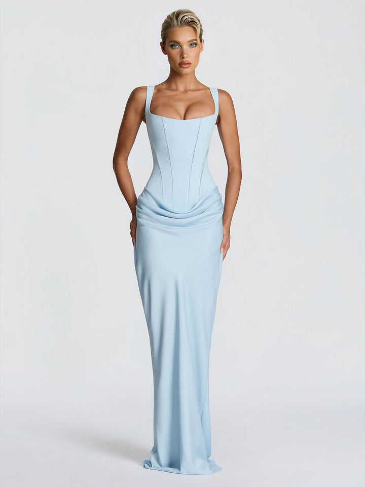 Elegant Square Neck Cinched Top & Ruched Waist Draped Maxi Dress
