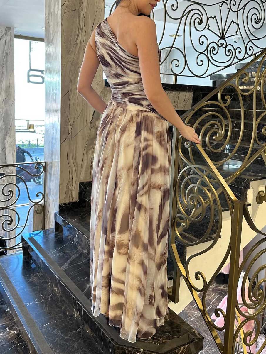 Elegant One-Shoulder Marble Print Chiffon Maxi Dress