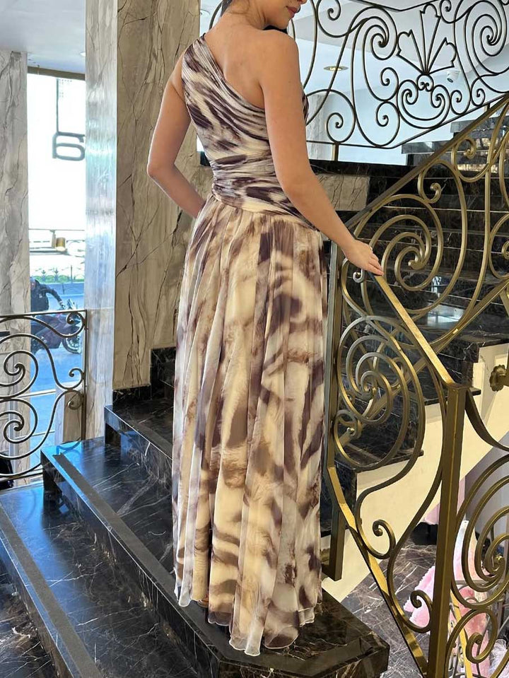 Elegant One-Shoulder Marble Print Chiffon Maxi Dress