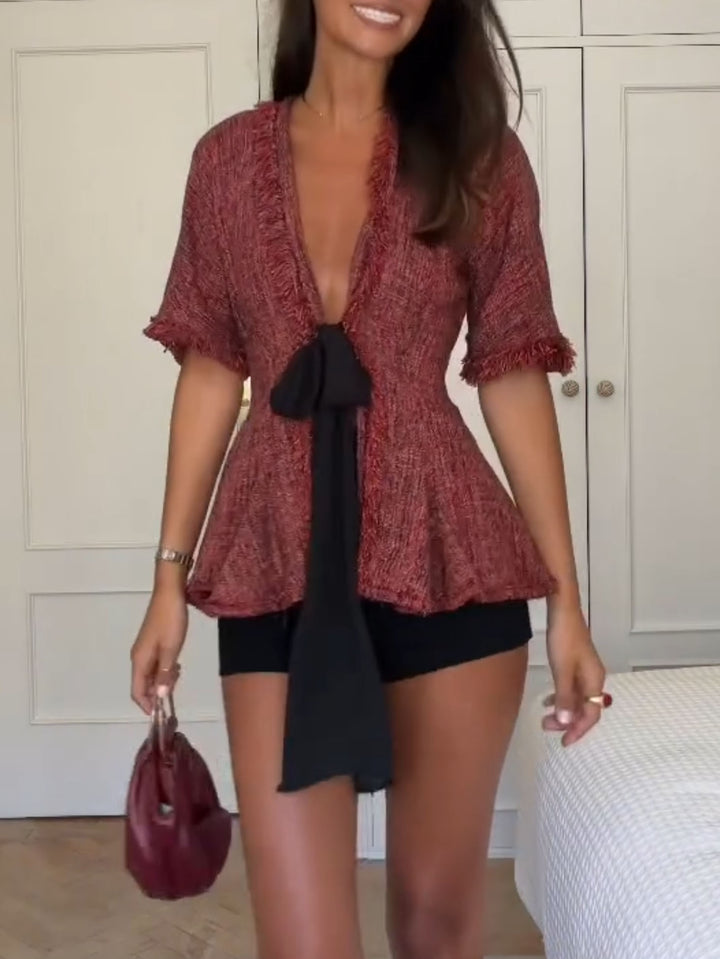 Tweed Peplum Top & Black Shorts Two-Piece Set
