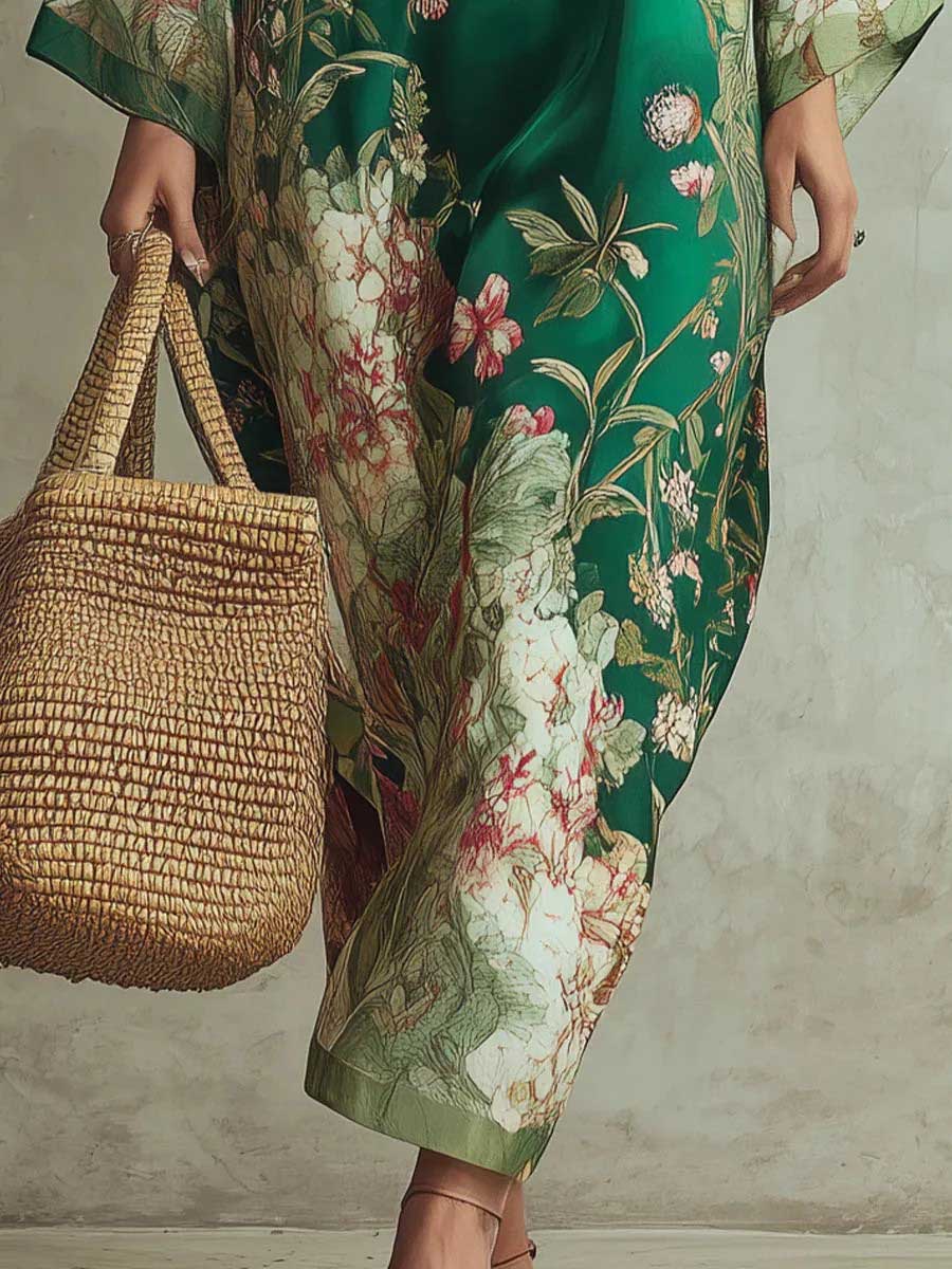 Elegant Floral Print Batwing Sleeve Maxi Dress