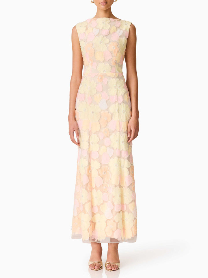 Elegant Pastel Floral Mesh Maxi Dress