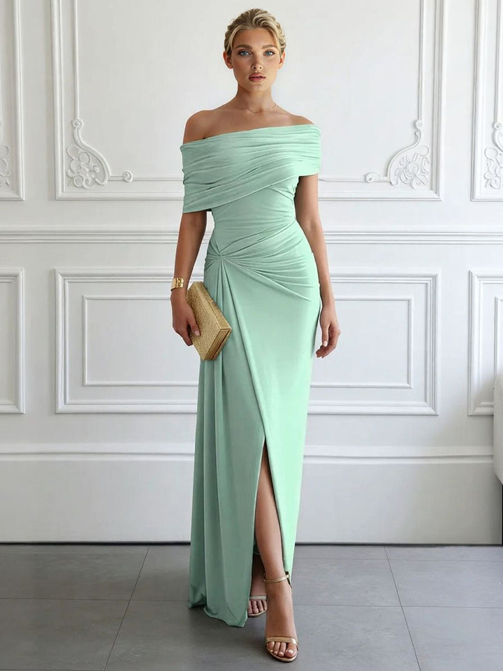 Elegant Off-Shoulder Ruched Slit Maxi Dress
