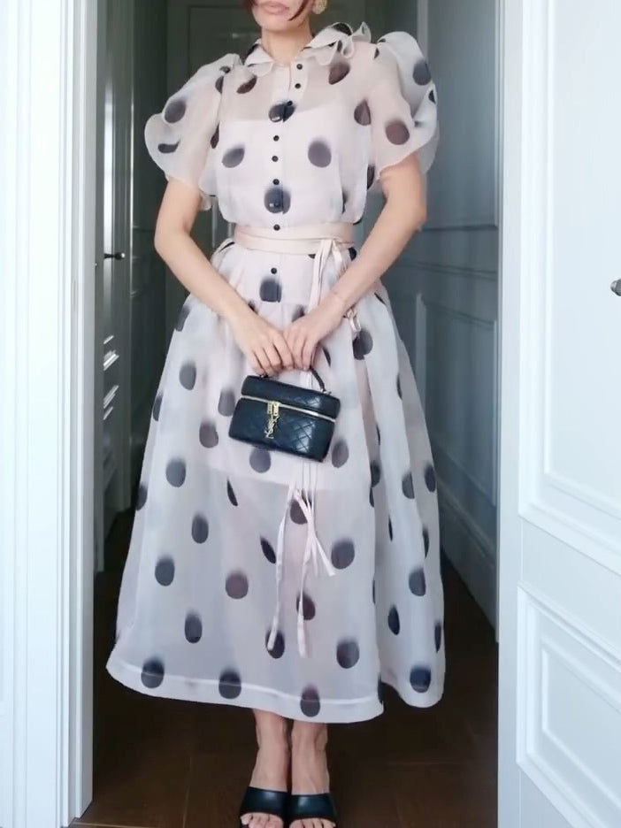 Elegant Polka Dot Organza Puff Sleeve Midi Dress