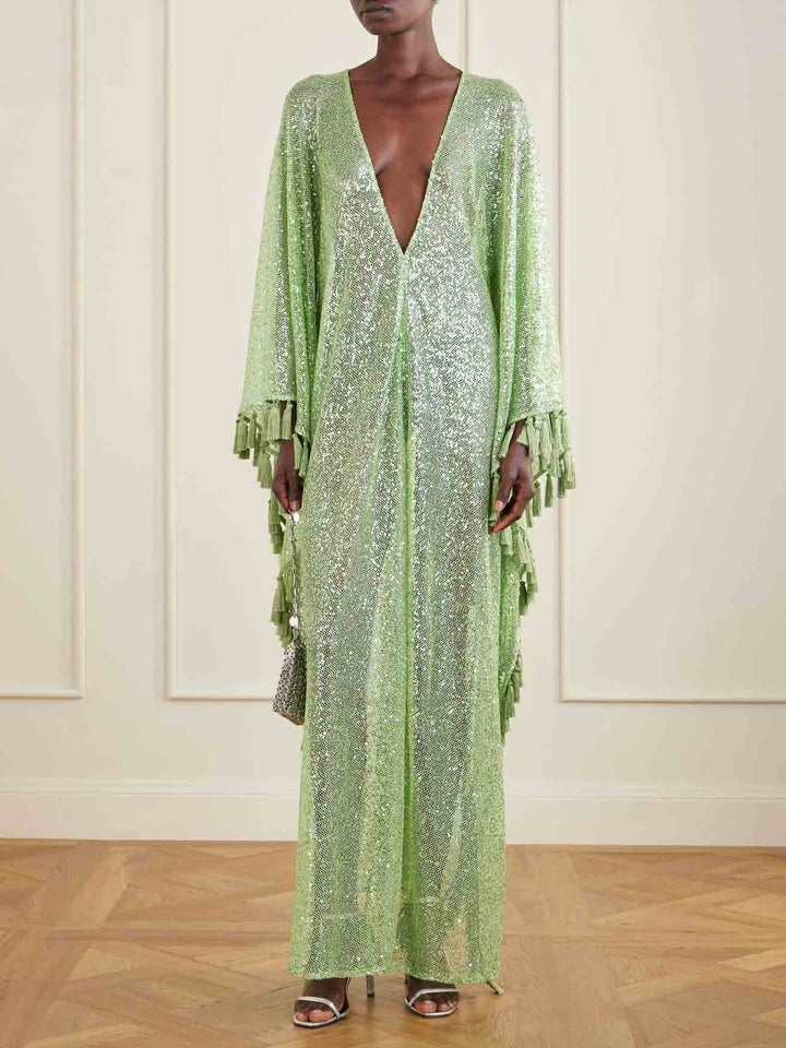 Sequin Deep V-Neck Fringe Kaftan Maxi Dress