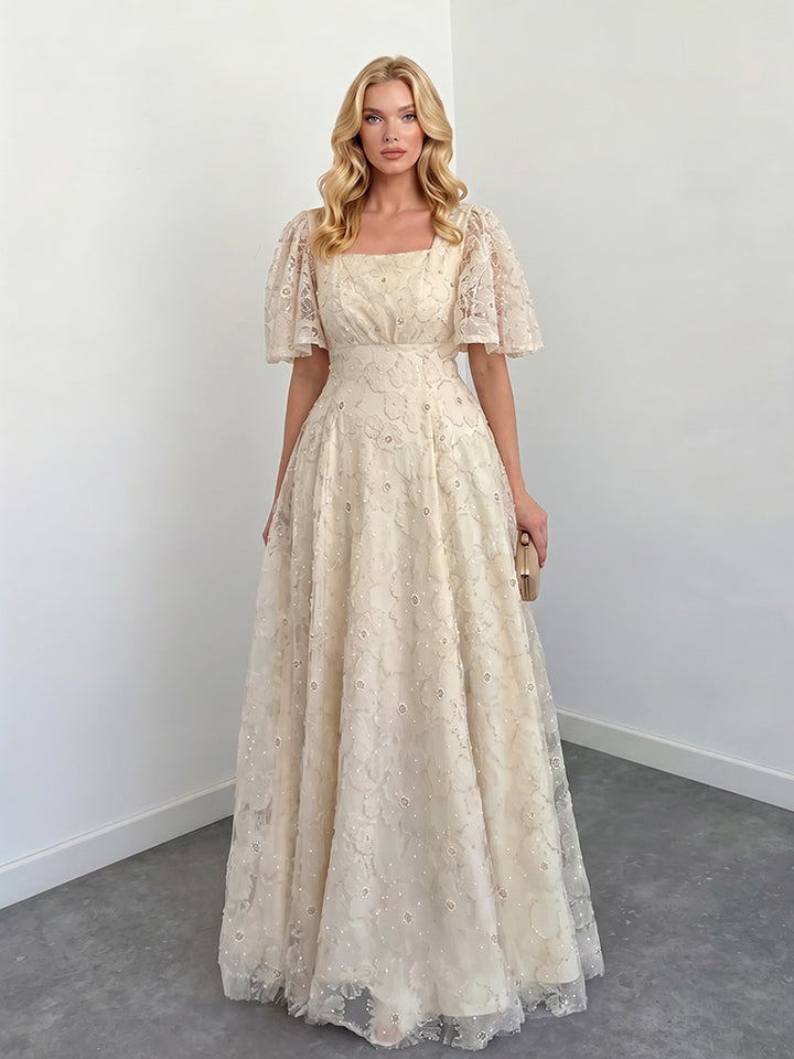 Elegant Square Neck Sheer Tulle Floral Embroidered Maxi Dress