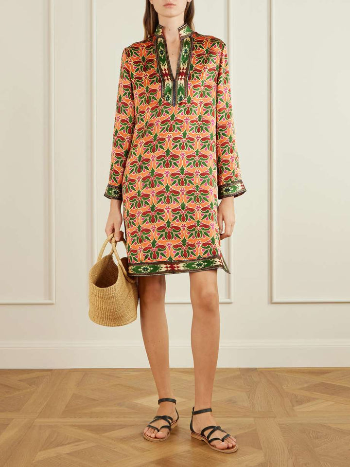 Ethnic Floral Print Long Sleeve Tunic Mini Dress