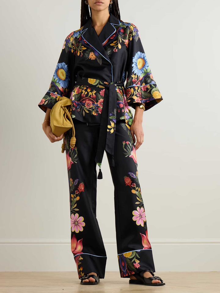 Exquisite Satin Floral Print Contrast Piping Wide-Leg Pants