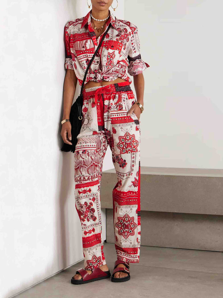 Casual Ethnic Floral Print Drawstring Wide-leg Pants