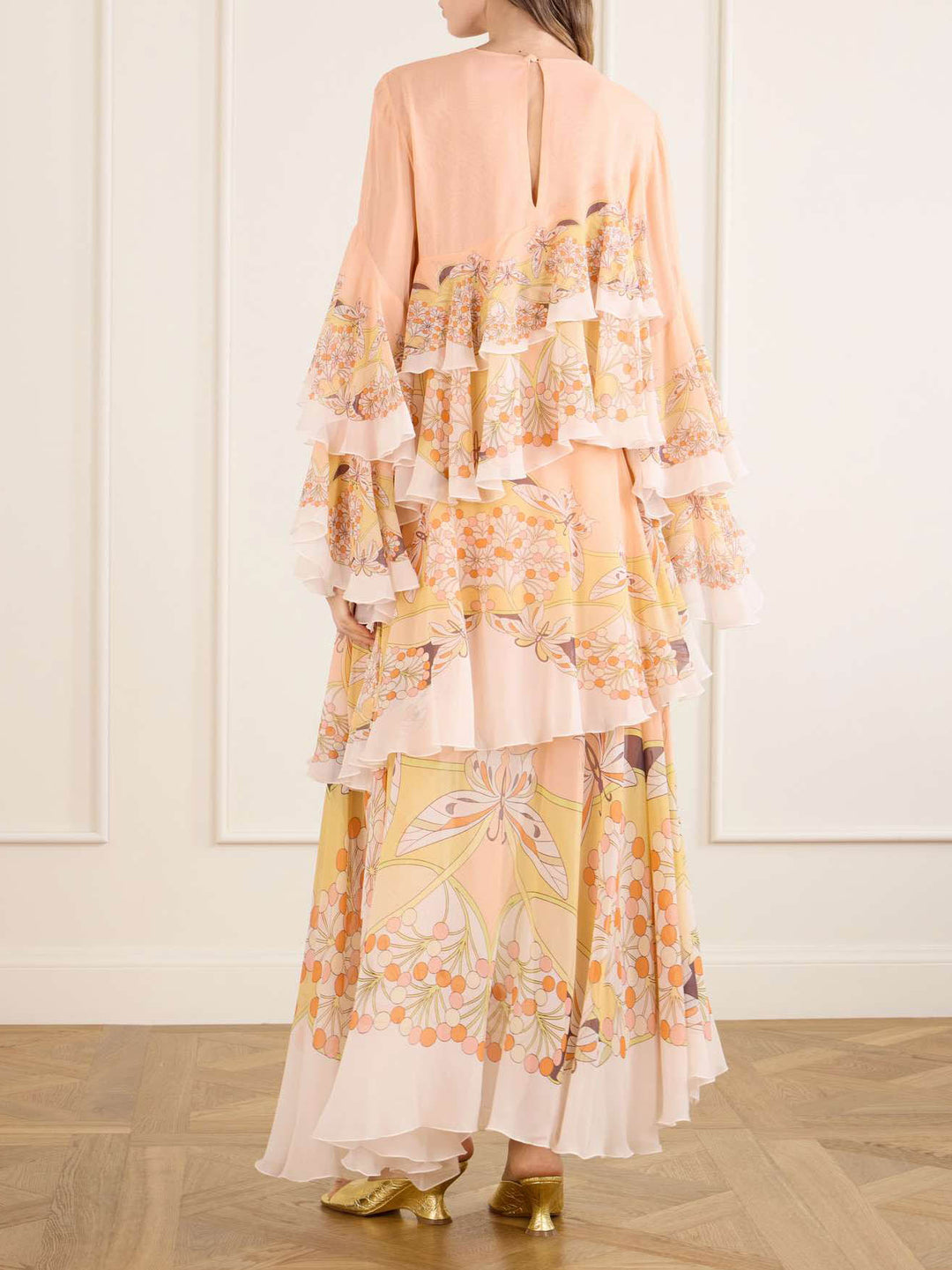 Exquisite Butterfly Print Ruffle Layered Chiffon Maxi Dress