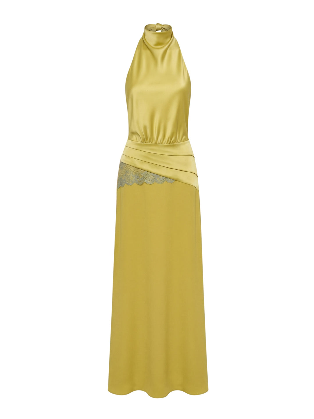 Elegant Satin High Neck Lace-Trim Maxi Dress