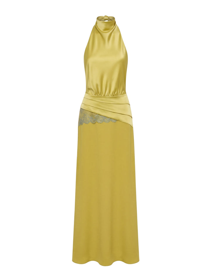 Elegant Satin High Neck Lace-Trim Maxi Dress