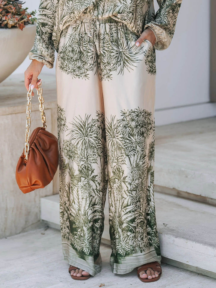 Casual Palm Leaf Print Loose Shirt And Wide-Leg Pants Set
