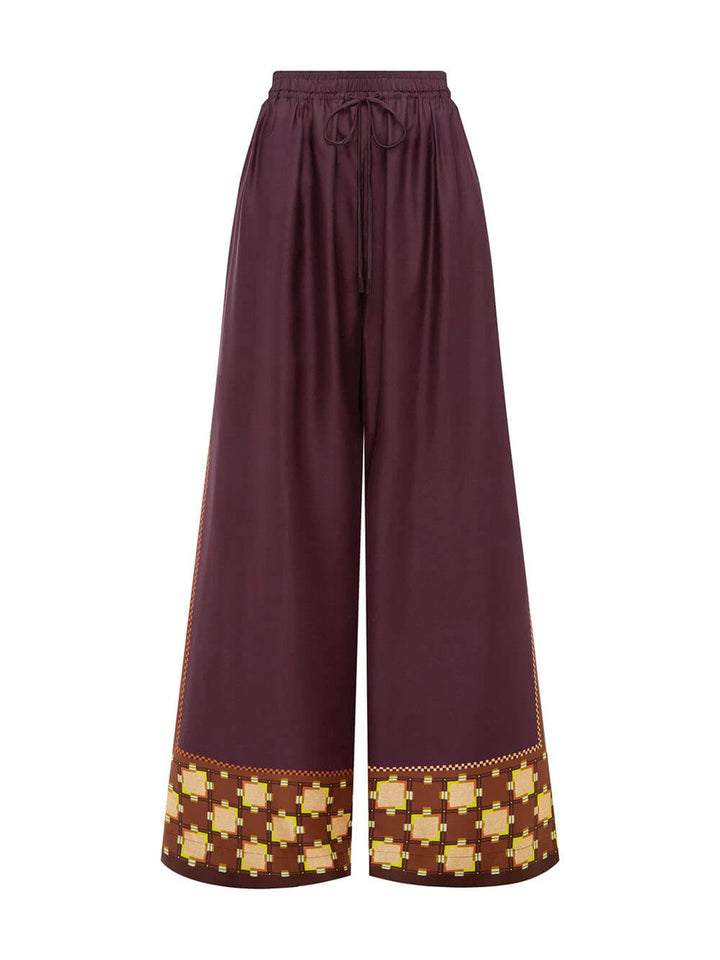 Unique Paisley Color-Block Satin Shirt And Elastic Waist Wide-Leg Pants Set