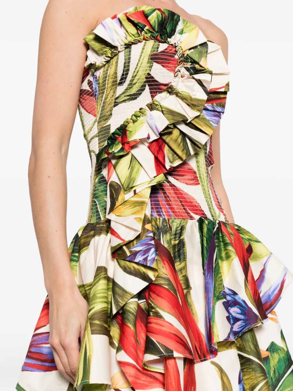 Tropical Floral Strapless Tiered Ruffle Midi Dress