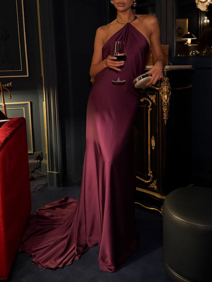 Elegant Halter-neck Draped Satin Train Maxi Dress
