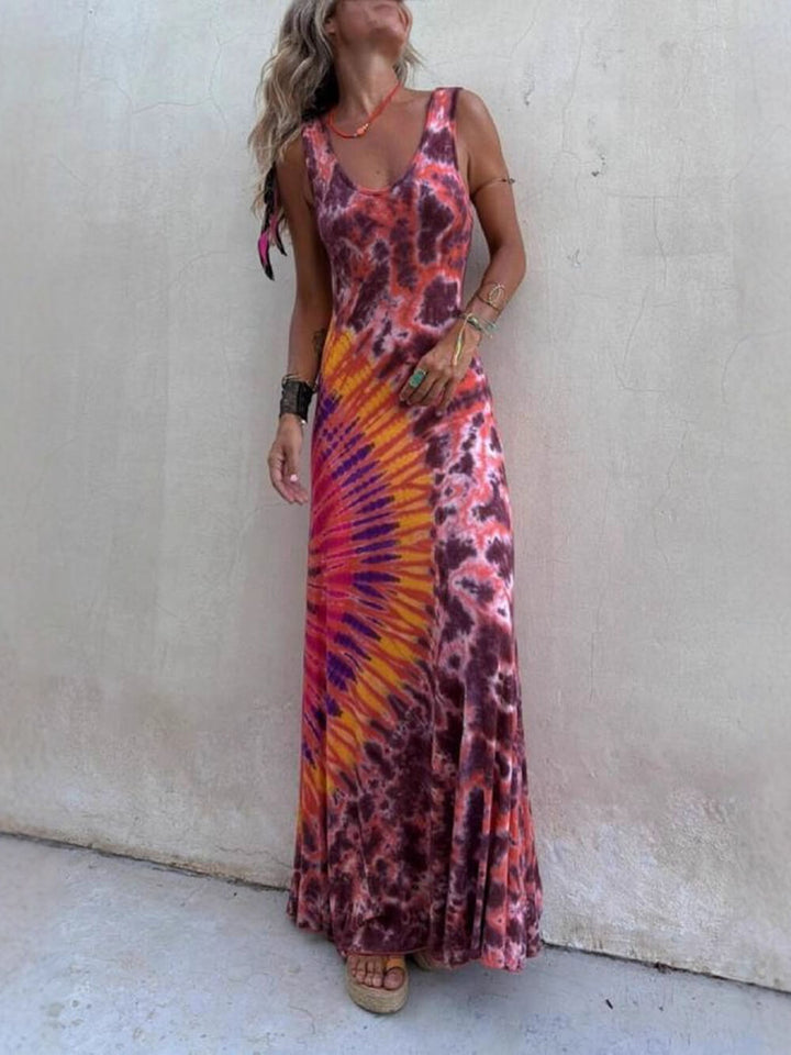 Unique Summer Placement Print Sleeveless Back-Tie Maxi Dress