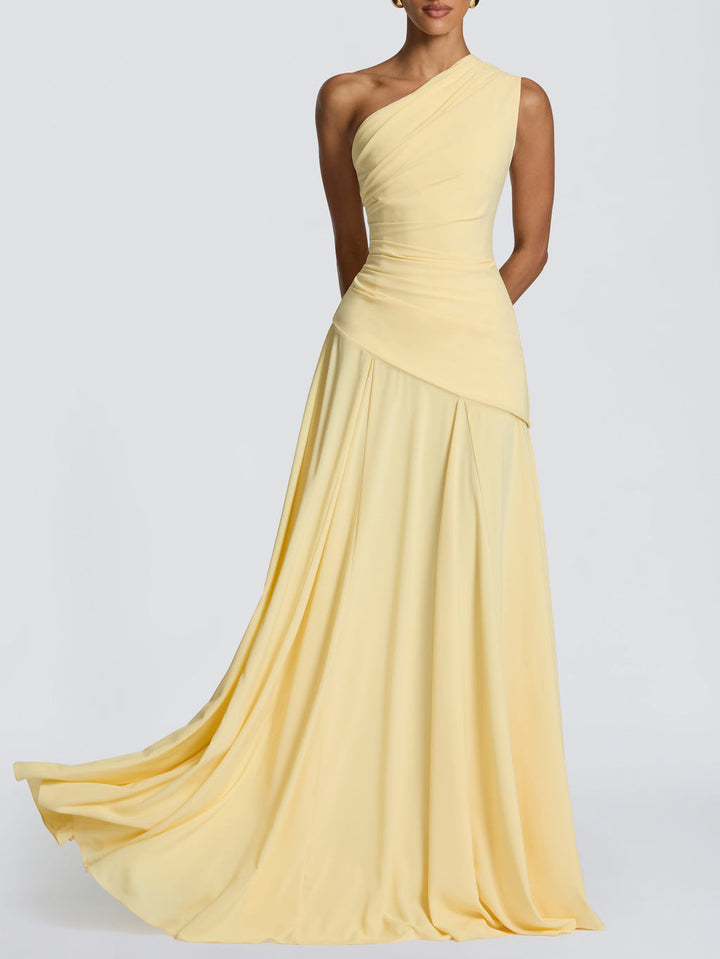 Elegant One-Shoulder Ruched Chiffon Tie-Waist Maxi Dress