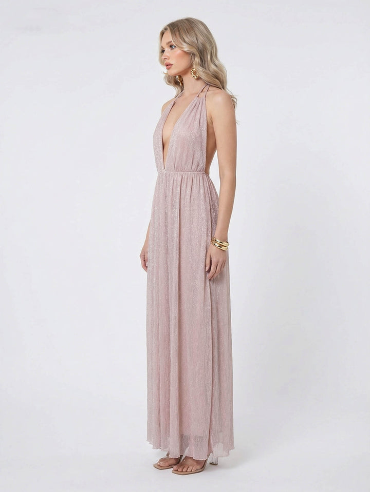 Elegant Tulle Pleated Evening Gown Maxi Dress