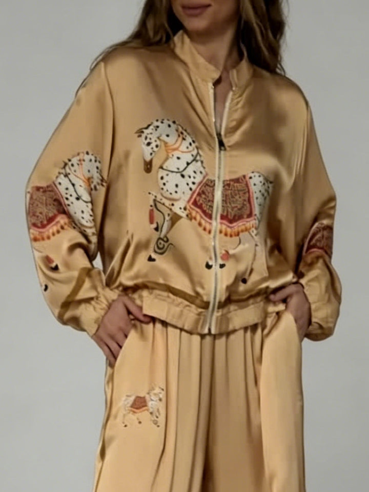 Exquisite Satin Horse Print Zip Jacket & Wide-Leg Pants Two-Piece Set