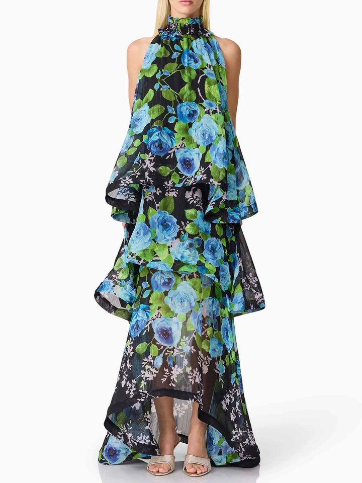Elegant Rose Floral Halter Tiered High-Low Maxi Dress