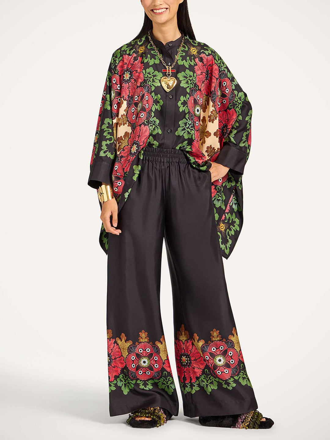 Exquisite Satin Floral Border Wide-Leg Pants