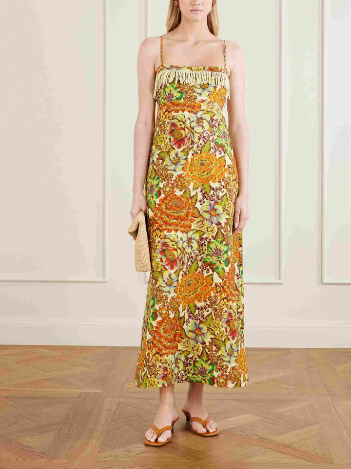 Exquisite Floral Print Spaghetti Strap Fringe Fitted Maxi Dress